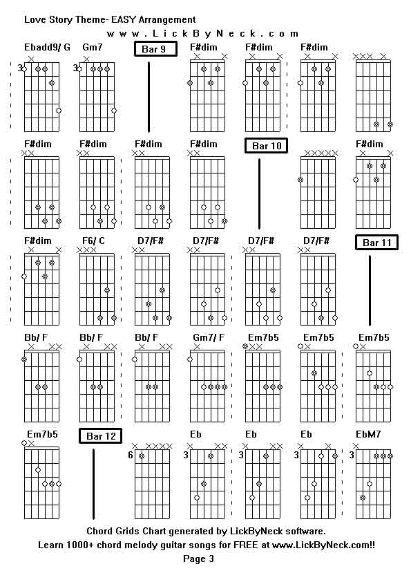 Chord Grids Chart of chord melody fingerstyle guitar song-Love Story Theme- EASY Arrangement,generated by LickByNeck software.